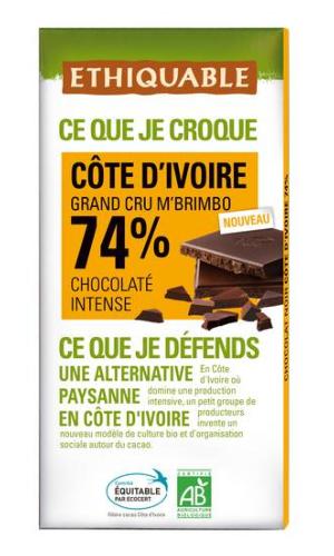Chocolat noir 74% cacao Côte d'ivoire BIO, 100 g